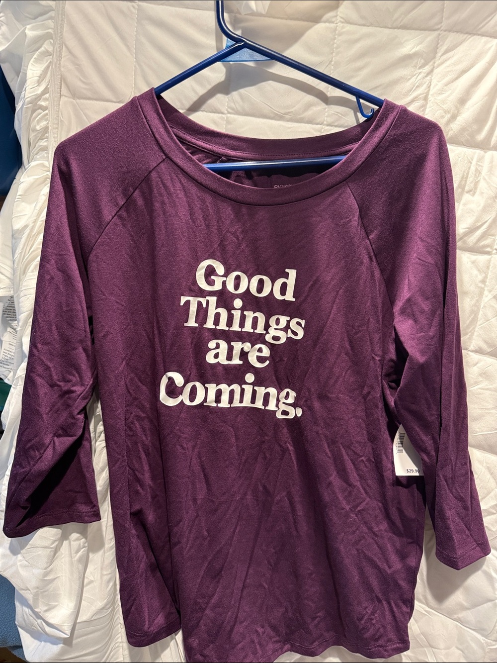 BNWT Ricki’s 3/4 Good Things Are Coming Women's Long Sleeve Tee - Purple